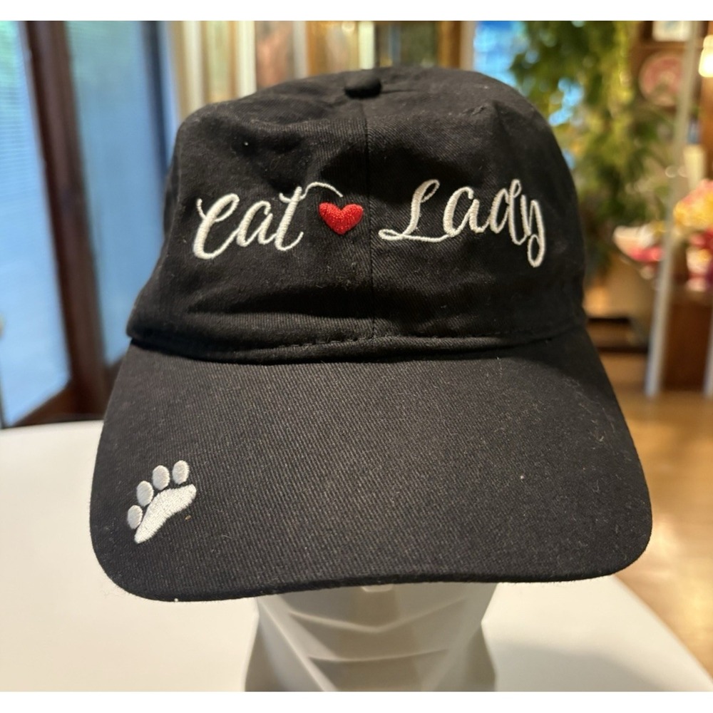 Cat Lady Embroidered Black Baseball Cap‎ Adjustable Strapback Cotton Paw Heart